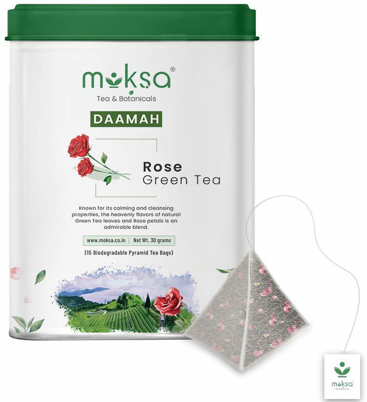 MOKSA Botanicals Luxury 100% Premium Quality Tea | Rose Green Tea-Organic Rose Dried Petals Biodegradable Pyramid Tea Bags | Great for Healthy Hair & Beautiful Skin- Weight Loss Herbs Herbal Tea Tin(15 Bags)