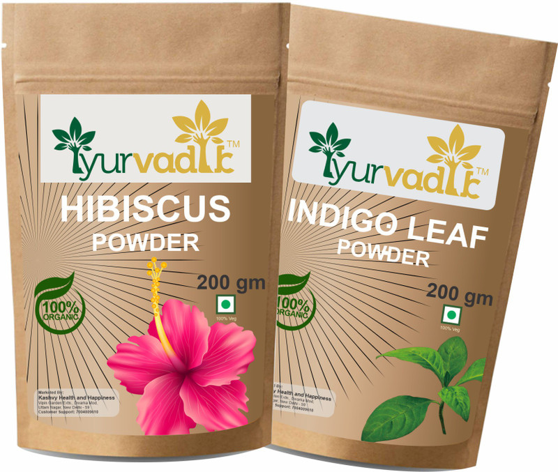 iyurvadik 100% Pure Organic Hibiscus Powder + Indigo Leaf Powder for hair treatment 200g each (400 gm)(400 g)