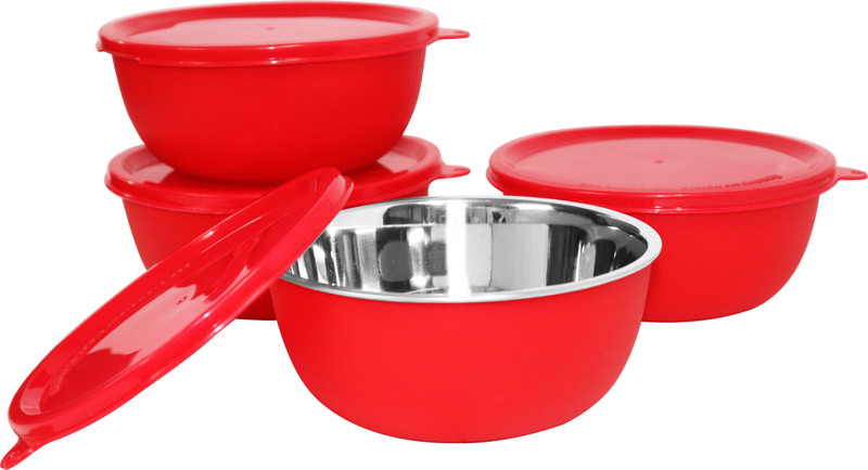 finality Microwave Safe Stainless Steel Plastic Coated Serving Bowl(Set of 4)-14 cm Each Bowl Stainless Steel Storage Bowl(Red, Pack of 4)