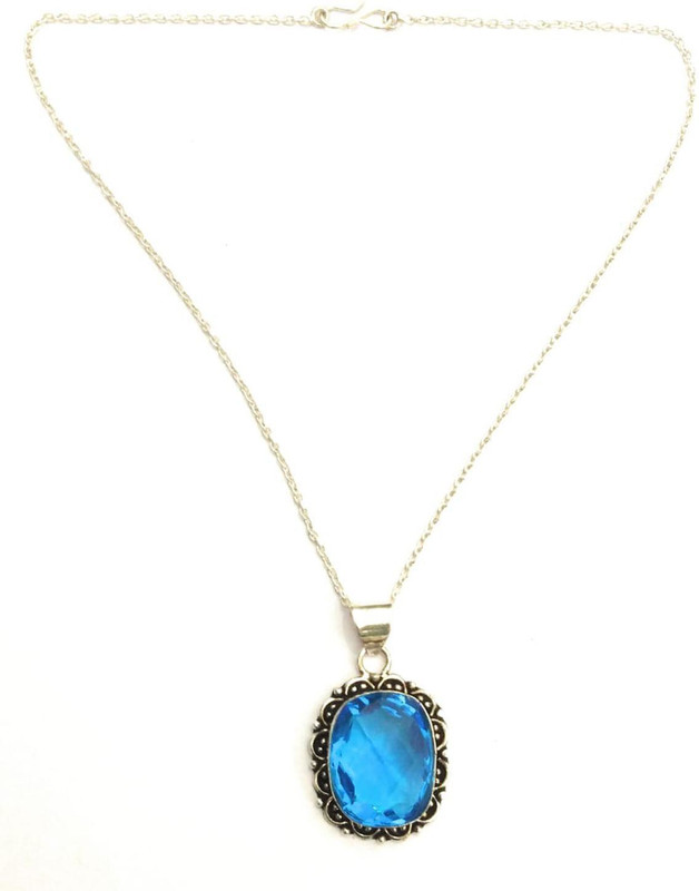 athizay pendant chain for girls in Aqua Blue Square Shape transparent glass Pendant Formal Wear Women Fashion Jewellery Silver Plated Metal, Stone Necklace
