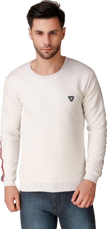 KLAXXY Self Design Round Neck Casual Men White Sweater
