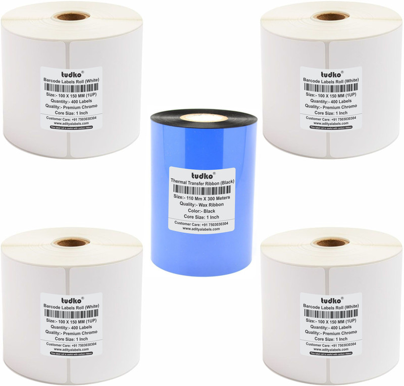 tudko , Combo : 100 Mm X 150 Mm, (4"x6") Chromo Barcode Paper Labels with 110 Mm X 300 Meters Wax Ribbon, Permanent Self Adhesive Paper Label(Label White / Ribbon Black)