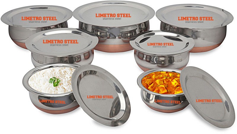 LIMETRO STEEL 7 Pcs Set of Stainless Steel Copper Bottom Prabhu Chetty / Cookware / Serveware / Handi / POT / Cook & Serve Handi 7.35 L with Lid(Stainless Steel, Non-stick)
