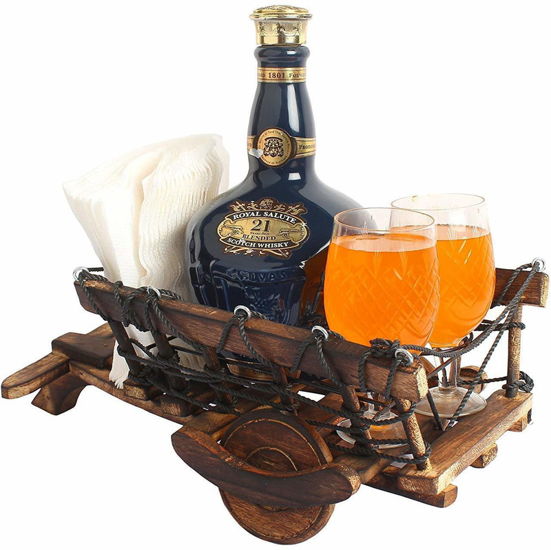 Kesha Spree Wooden Cart Shaped 1 Wine Bottle and 2 Glass Holder Handmade - Export Quality Tray Serving Set(Pack of 1)