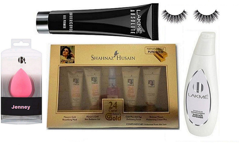 jenney Sponge Puff, Gold Facial kit, Absolut Primer, Lakme Winter Intense Maximum Moisturiser, Eyelashes(5 Items in the set)