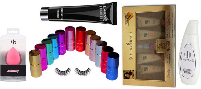 jenney Sponge Puff, Mirror Nail Polish (Set of 12), Gold Facial kit, Absolut Primer, Lakme Winter Intense Maximum Moisturiser , Eyelashes(17 Items in the set)