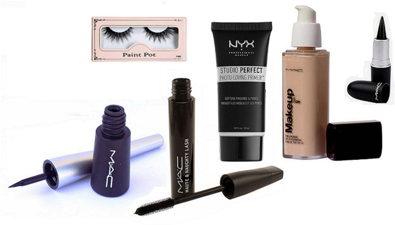 paint pot eyelashes,haute & naughty lash mascara,liquid eyeliner,stick kajal,makeup foundation,nyx primer(6 Items in the set)