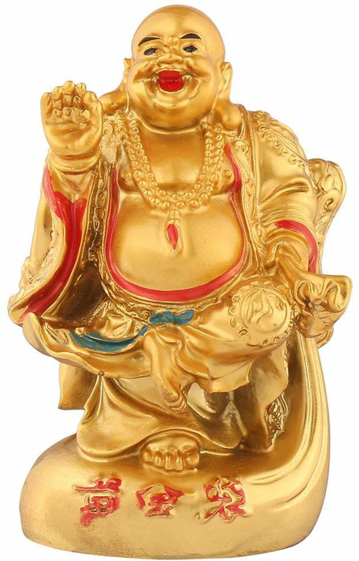 cbytes Laughing Buddha Standing on Sack of Gold Decorative Showpiece for Good Fortune, Success & Prosperity / Decorative Showpiece for Good Fortune, Success & Prosperity / Best Gift for Career and Luck Decorative Showpiece  -  8 cm(Polyresin, Gold)
