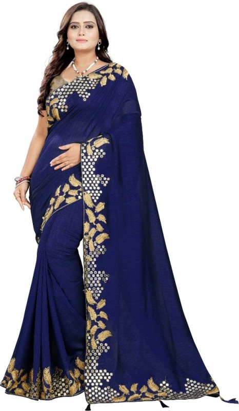 MISILY Embroidered Chanderi Georgette Silk Blend, Poly Silk Saree(Gold, Blue)