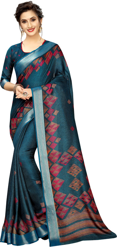 shopivatestore Printed Kerala Cotton Linen Blend Saree(Blue)
