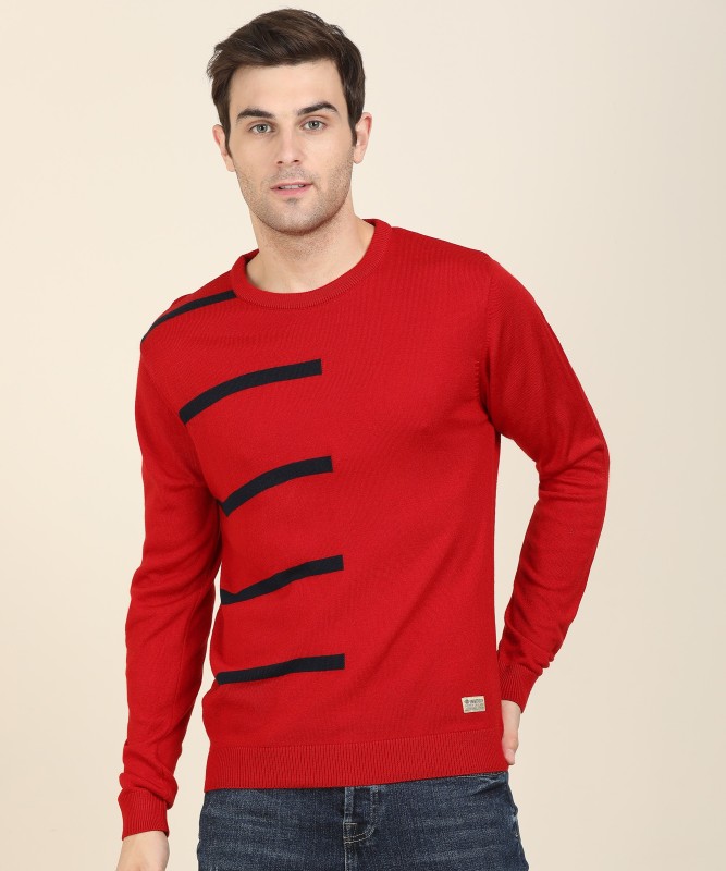 Peter England University Self Design Round Neck Casual Men Red, Blue Sweater