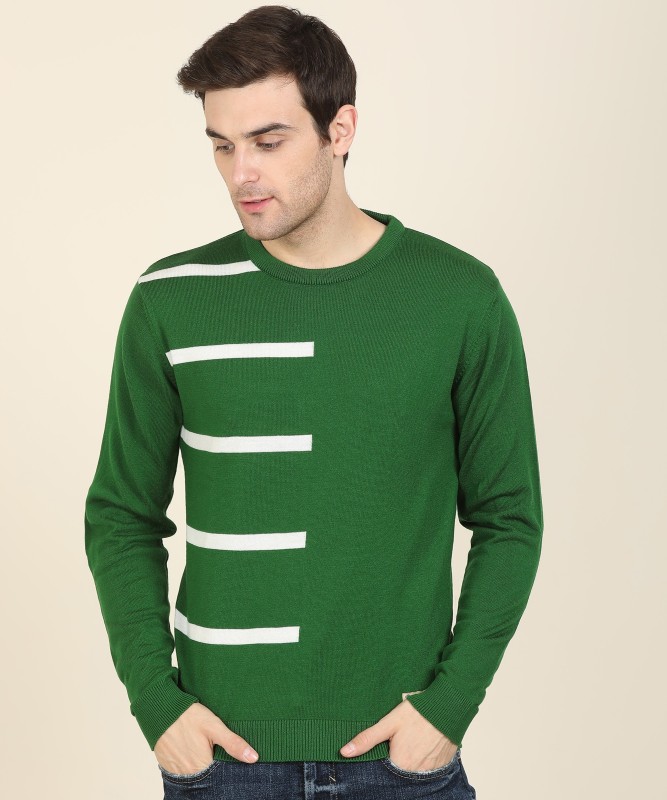 Peter England University Self Design Round Neck Casual Men White, Green Sweater