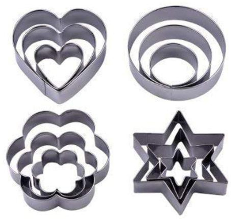 nabhu Stainless Steel 12 Pieces Cookie Cutter in 4 Different Shapes ||Biscuit,Pastry,Fruit Mould Cutter||(Star,Round,Flower Shape) Cookie Cutter(Pack of 12)