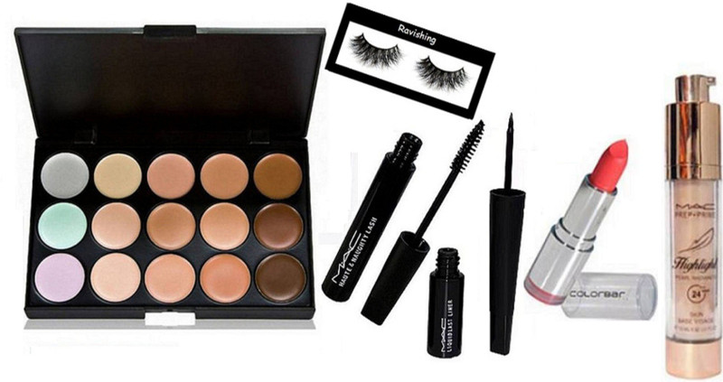 ravishing Eyelashes,Mac 15 Shades Concealer Palette,Prep Prime Highlighster Skin Base ,Haute Naughty Mascara Lash Black,Liner Last,Colorbar Lipstick(6 Items in the set)