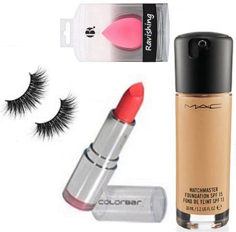 ravishing Sponge Puff,Match Master Fond De Teint Foundation,Colorbar Matte Finish Lipstick,Eyelashes(4 Items in the set)