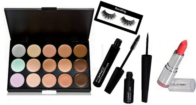 ravishing Eyelashes,Mac 15 Shades Concealer Palette,Haute Naughty Mascara Lash Black,Liner Last,Colorbar Lipstick(5 Items in the set)