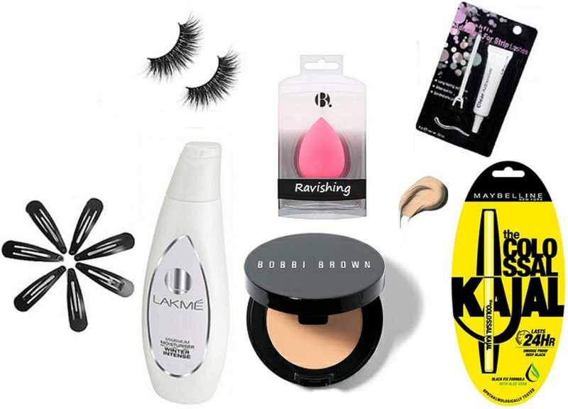 ravishing Sponge Puff,Hair Cilips Hair 7,Eyelashes,Glue,Colossal Black Kajal,Brown Concealer,Winter Intense Maximum Moisturiser Lotion(7 Items in the set)