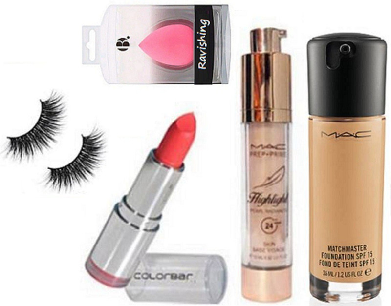 ravishing Sponge Puff,Match Master Fond De Teint Foundation,Colorbar Matte Finish Lipstick,Eyelashes,Prep Prime Highlighster Skin Base(5 Items in the set)