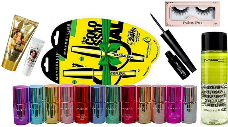 paint pot Eyelashes, Mirror Nail Polish Pack of 12, Absolut Lipstick, The Colossal Kajal Pack of 2, Liquid Last Eyeliner, Makeup Remover(19 Items in the set)