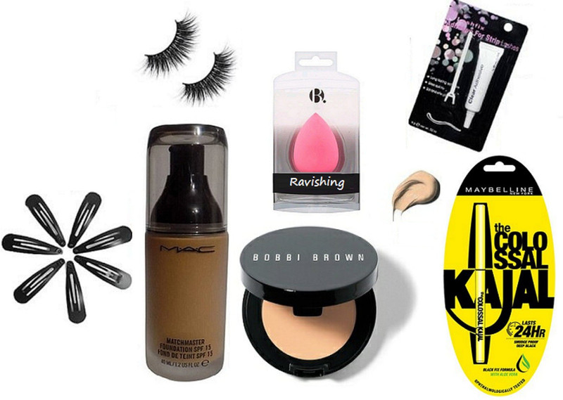 ravishing Sponge Puff,Hair Cilips Hair 7,Eyelashes,Glue,Colossal Black Kajal,Brown Concealer,Mac Match Master Fond Teint Foundation(7 Items in the set)