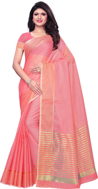 Saara Striped, Woven Kota Doria Cotton Blend, Poly Silk Saree(Pink)
