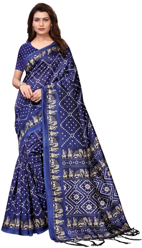 MISILY Printed Bandhani Bhagalpuri Silk, Art Silk, Poly Silk, Cotton Silk Saree(White,...
