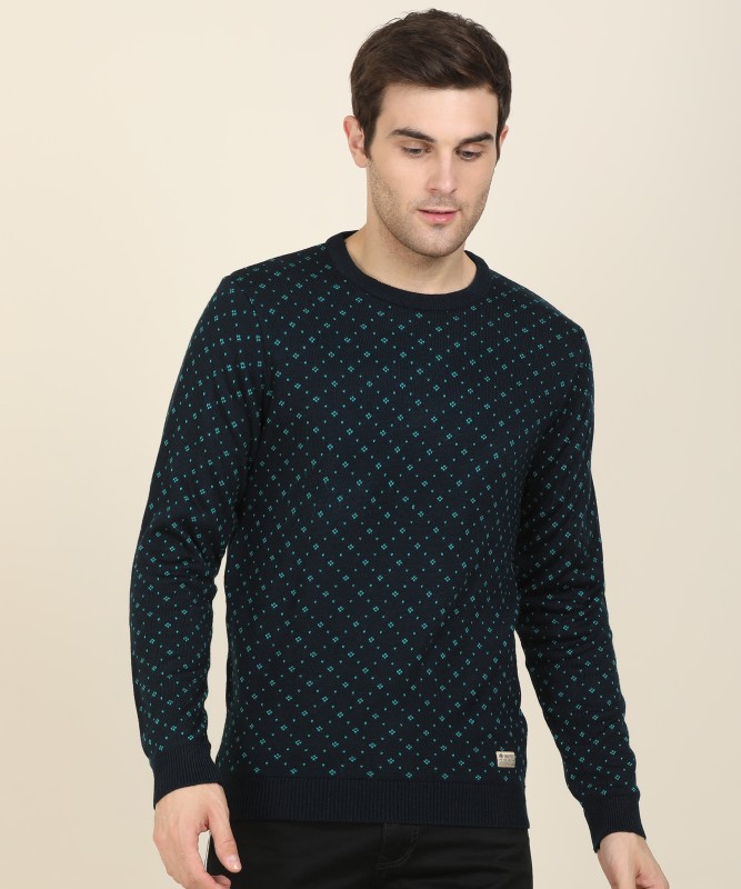 Peter England University Self Design Round Neck Casual Men Dark Blue Sweater
