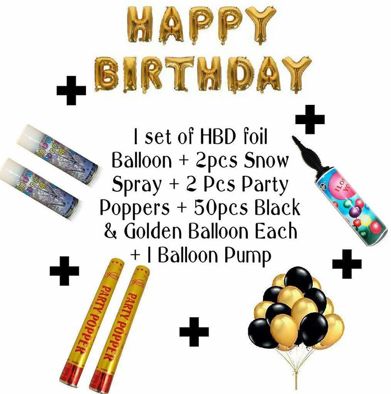 gorgeous moment Birthday Party Decor Combo- (1 Set of HBD Foil Balloon(13 pcs)+ 2pcs Snow Spray + 2pcs Party Poppers + 50 pcs Matte Black and Golden Balloon Each +1 Balloon Air Pump
