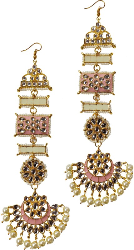 Passion Bazaar Earring Pink Meenakari Enamel Kundan White Pearl Long Chandbali Hook...