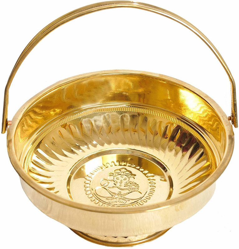 ethniccreations2 Round Brass Pooja Flower Basket - Big, 1 Piece, Gold Temple Puja Tokri Brass Flower Basket(W: 20 cm x H: 10 cm x D: 8 cm)