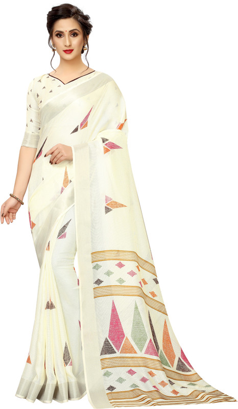 shopivatestore Printed Kerala Cotton Linen Blend Saree(White)