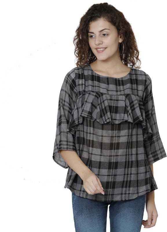 DIEGO Casual 3/4 Sleeve Checkered Women Grey Top