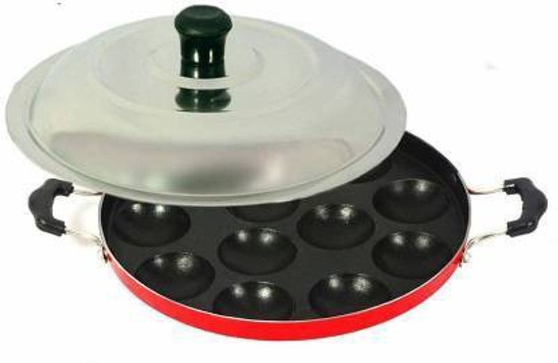 Drunna Non-Stick 12 Cavity Appam Patra Side Handle with Lid, Paniyarakkal | Paniyaram | Appam Pan | Aebleskiver Maker | Pan Cake Maker | Ponganal Maker | Kuzhi Paniyaram | Paddu Tawa Taper Fry Pan 22 cm diameter with Lid 0.25 L capacity(Iron, Non-stick, Induction Bottom)