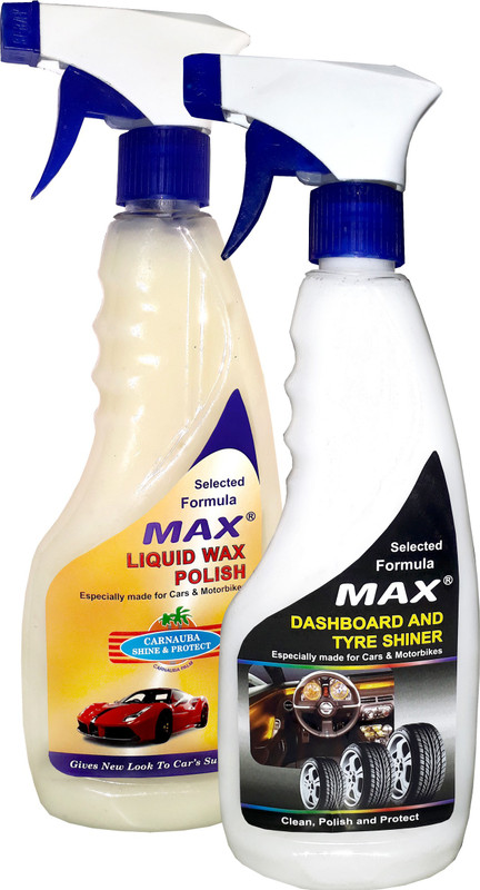 MAX Essential Car Care Kit includes Dashboard & Tyre Shiner 500 ml, Liquid Wax Polish 500 ml, Foam applicator - 2 Pcs, Microfiber Cloth - 1 Pc Combo