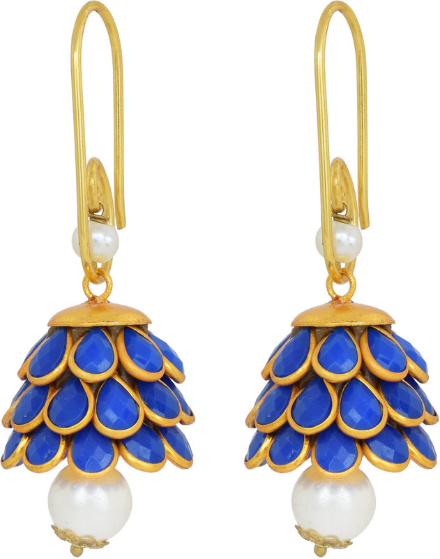 morir Morir Gold Plated Light Blue Colour CZ Studded White Pearl Antique Finish Indian Style Earrings Traditional Fancy Jewellery Jhumka/Jhumki Earrings for Women & Girls Pearl Brass Jhumki Earring