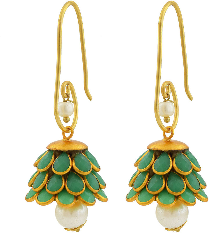 morir Morir Gold Plated Light Green Colour CZ Studded White Pearl Antique Finish Indian Style Earrings Traditional Fancy Jewellery Jhumka/Jhumki Earrings for Women & Girls Pearl Brass Jhumki Earring