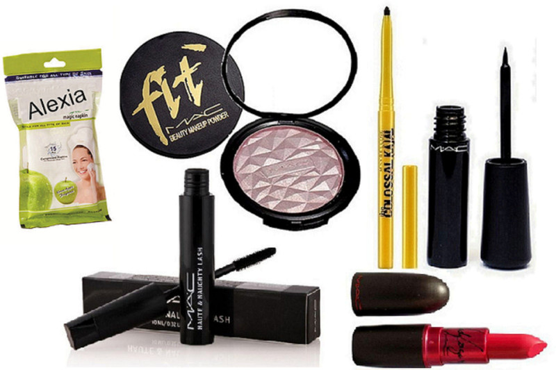 alexia magic napkin, fit me illuminator, Maybelline Colossal Kajal Kohl Black Color 12 hours Smudge P, eyeliner , haute & naughty mascara with red lady gaga lipstick(6 Items in the set)