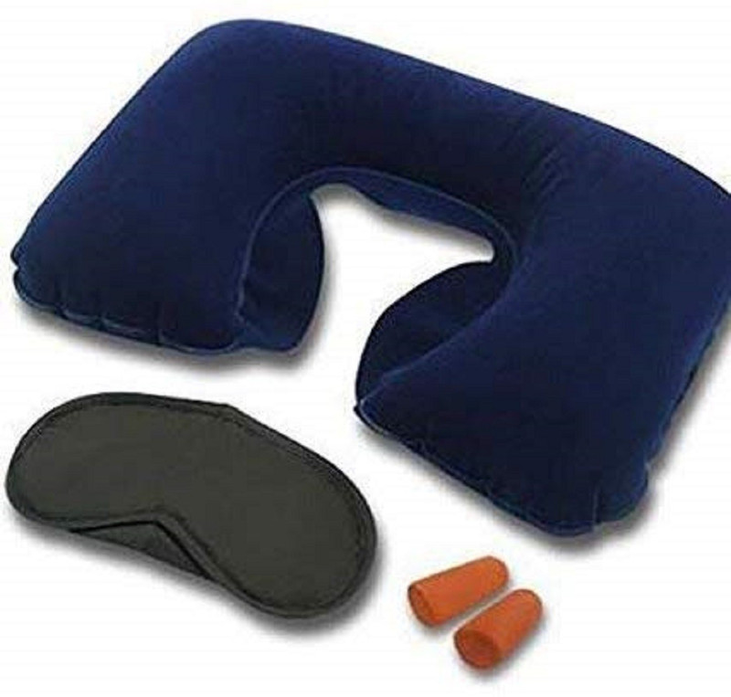 sandip 3 in 1 Combo for Sleeping Travel Kit of Flannelette Foam Pillow Inflatable Flight Solution of Neck Pain Rest Eye Mask and Ear Bud (Multicolour) Neck Pillow(blue)