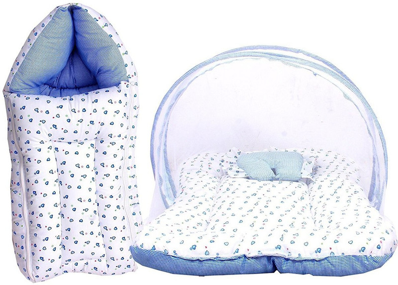 Fareto Baby Mattress with Mosquito Net/Sleeping Bed & Sleeping Bag/Carry Bag Combo 0-6 Months (0-6 months, Blue) Sleeping Bag(Blue)