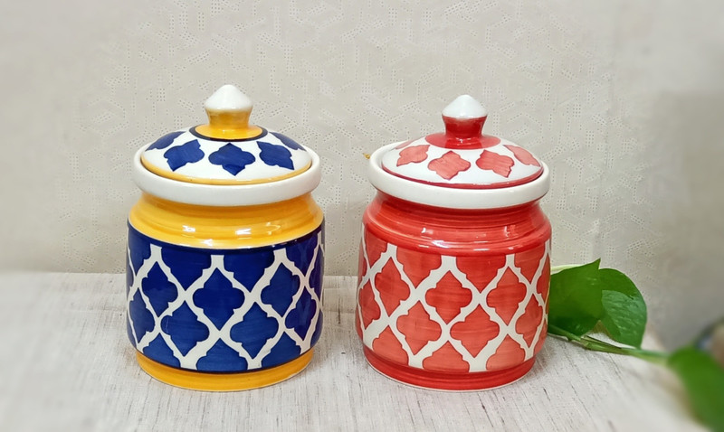 sawan shopping mart Hand Glazed Ceramic pickle jarMulti-Utility Storage Jar & Container SAWAN Shopping Mart Ceramic Stoneware Contemporary Barni 1200 ml Container Jars with Lid (Yellow & Red)  - 1200 ml, 1200 ml Ceramic Pickle Container & Salt Pepper Container, Oil Container, Spice Container, Egg Co