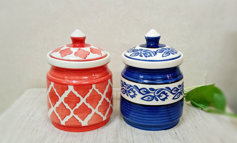 sawan shopping mart Hand Glazed Ceramic pickle jar Multi-Utility Storage Jar & Container SAWAN Shopping Mart Ceramic Stoneware Contemporary Barni 1200 ml Container Jars with Lid (Red & Blue)  - 1200 ml, 1200 ml Ceramic Pickle Container & Salt Pepper Container, Oil Container, Spice Container, Egg Con