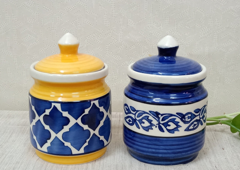 sawan shopping mart Hand Glazed Ceramic pickle jar Multi-Utility Storage Jar & Container SAWAN Shopping Mart Ceramic Stoneware Contemporary Barni 1200 ml Container Jars  - 500 ml, 500 ml Ceramic Pickle Container & Salt Pepper Container, Oil Container, Spice Container, Egg Container, Tea Coffee & Sug