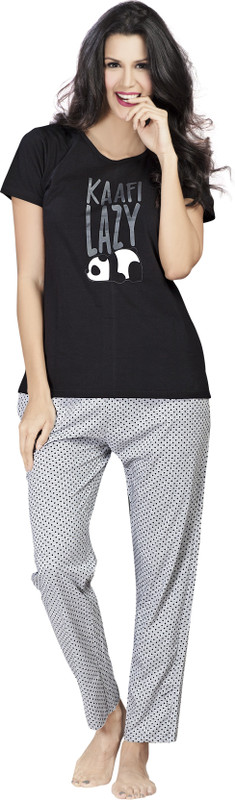 mystic dreams Women Printed Black, Grey Top & Pyjama Set