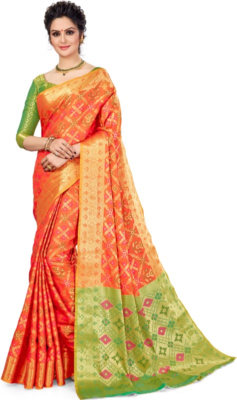 M.S.Retail Woven Patola Silk Blend Saree(Green, Orange)