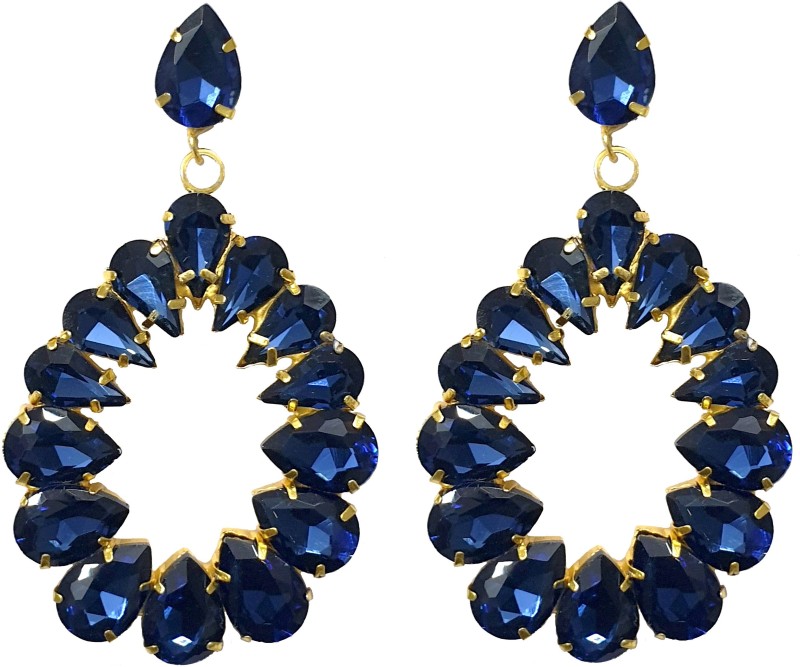 Indian Petals Long Drop Style RhineStne Studded Statement Earrings Danglers, Blue Crystal...