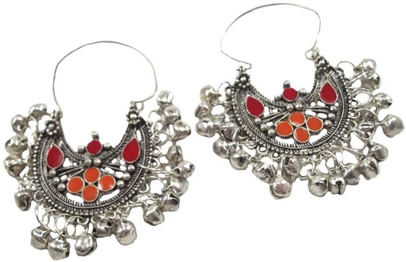 RAKS German Silver Afgani Meenakaari Traditional Earing -Red Orange German Silver Chandbali...