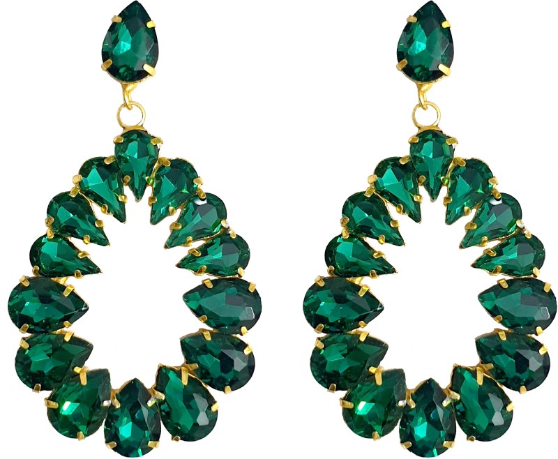 Indian Petals Long Drop Style RhineStne Studded Statement Earrings Danglers, Green Crystal...
