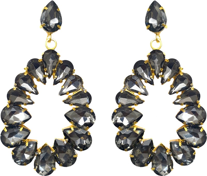 Indian Petals Long Drop Style RhineStne Studded Statement Earrings Danglers, Grey Crystal...
