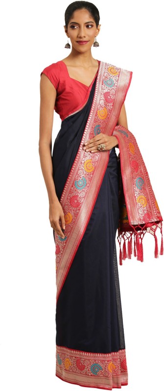 Varkala Silk Sarees Self Design, Woven Banarasi Cotton Blend Saree(Red, Blue)