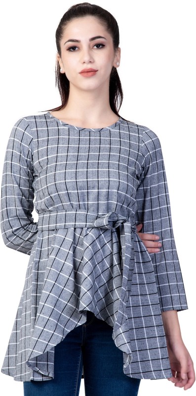 GOD BLESS Casual 3/4 Sleeve Checkered Women Grey Top